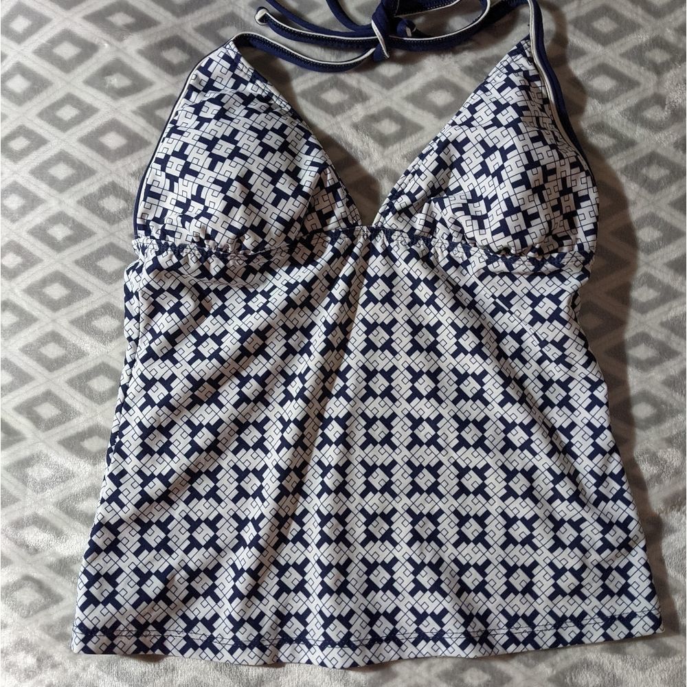 Tommy Hilfiger Tankini top size 8 halter tie neck navy and white geometric swim